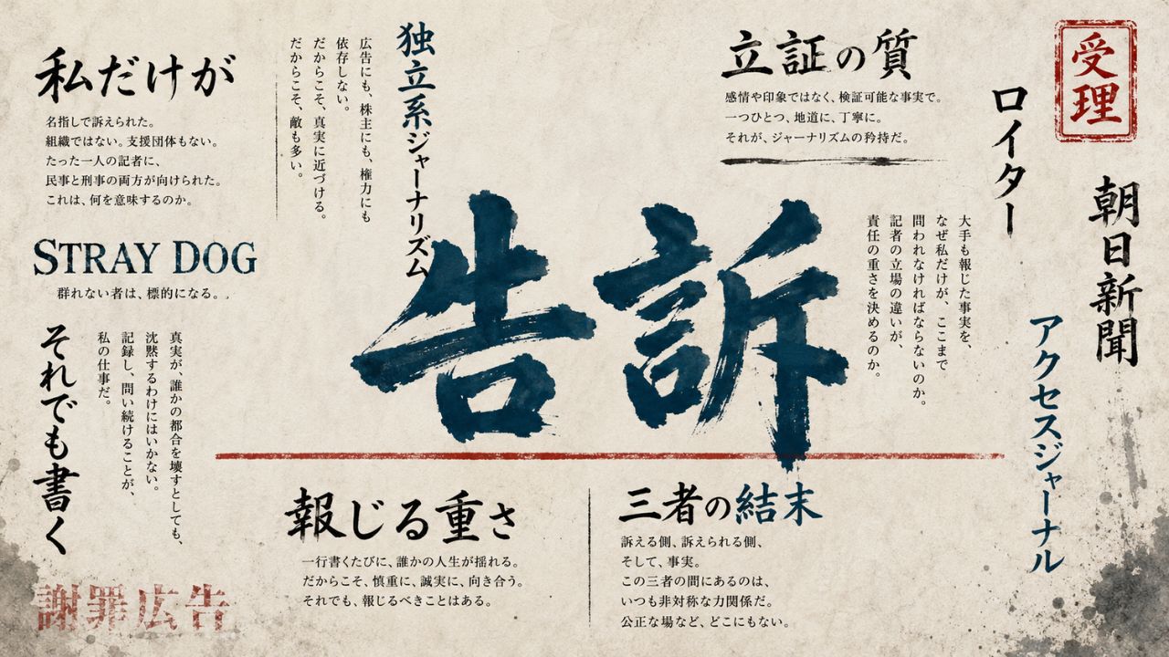 ユニバーサル訴訟と山岡編集長の刑事告訴をめぐる独立系ジャーナリズムの構造的非対称性を劇画調タイポグラフィで表現したアイキャッチ画像