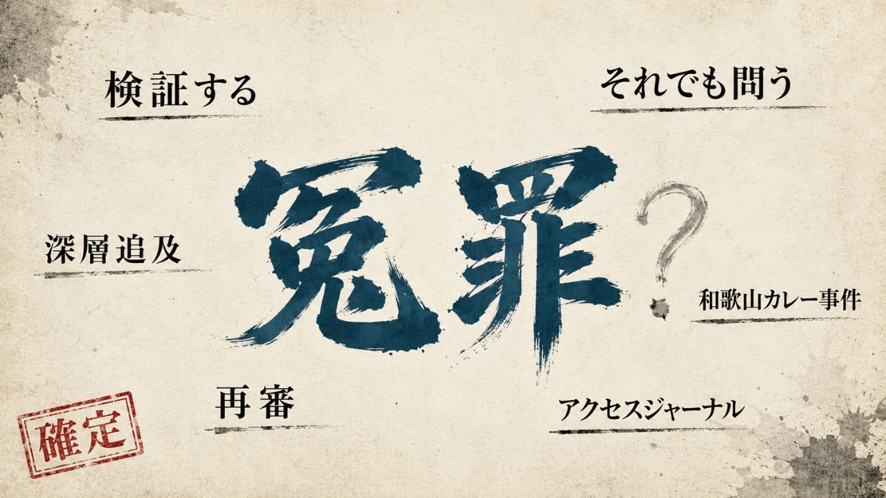 和歌山毒物カレー事件は冤罪かという問いを中心に、山岡編集長の動画や映画・科学鑑定への疑問を編集者の視点で検証する記事を劇画調タイポグラフィで表現したアイキャッチ画像