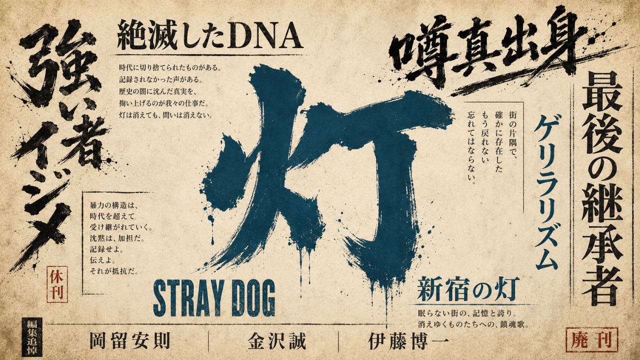 山岡俊介編集長を作った3人の男・岡留安則／金沢誠／伊藤博一と『噂の真相』DNAの系譜を劇画調タイポグラフィで表現したアイキャッチ画像