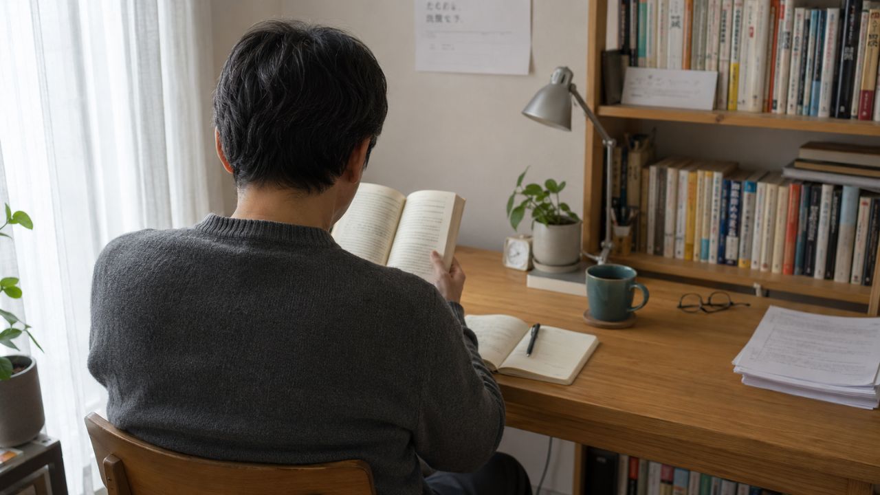 自宅の書斎で本を読む向井一朗の後ろ姿。木製デスクと本棚に囲まれた、フリーランス編集者の仕事部屋。